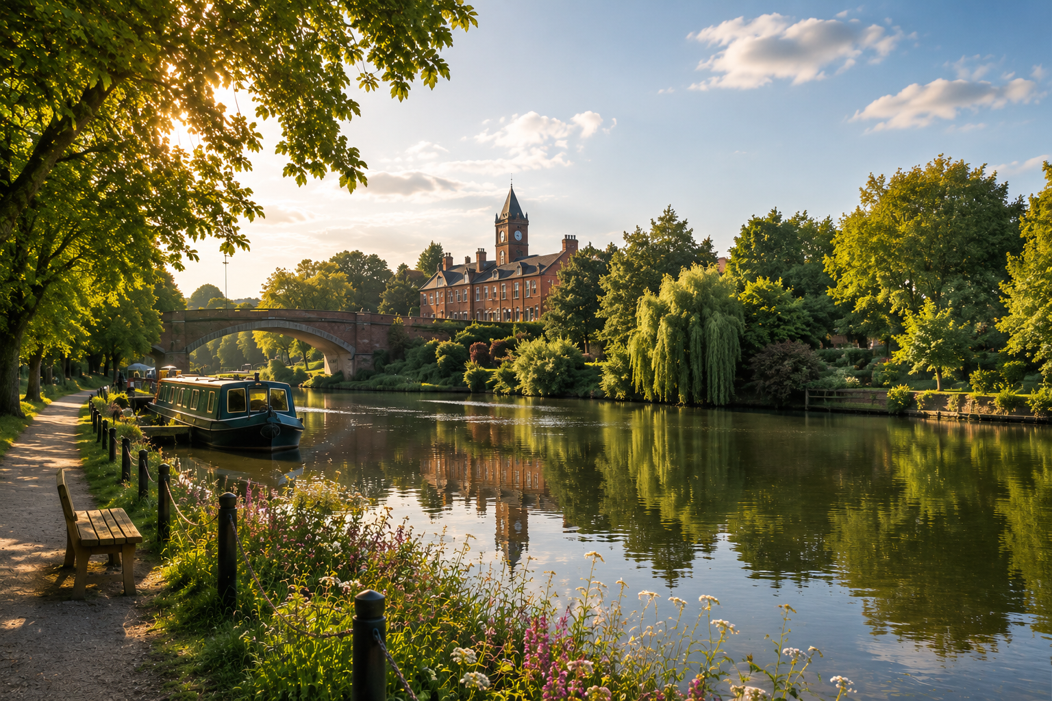Sunny park and waterway in Cheshire
